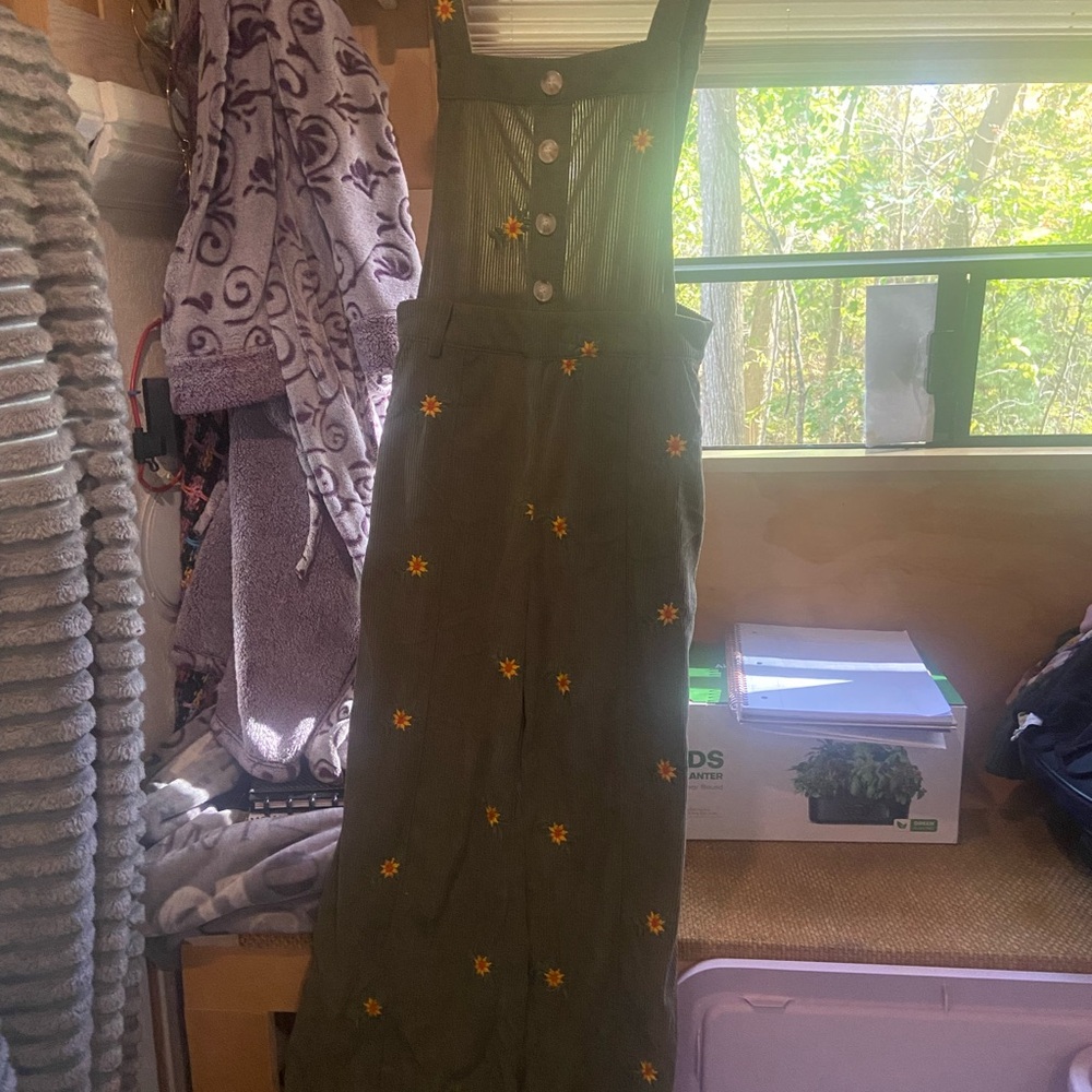 Cider Olive Green Jumpsuit with Floral Embroidery